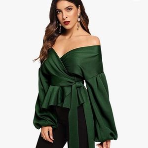 Emerald Off the Shoulder Ruffle Blouse